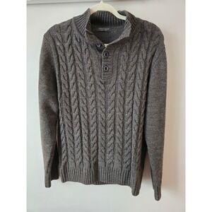 Lorenzo Magni Mens Dark Gray Cable Knit Mock Neck Button Sweater Made in Italy